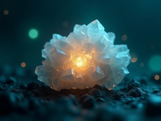 Hochdetailliertes 3D-Modell einer komplexen Kristallstruktur, umgeben von einem digitalen Leuchten.