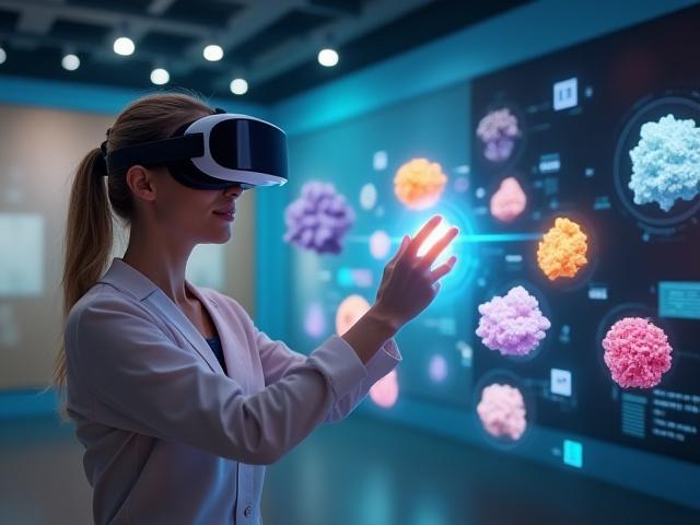 Person mit VR-Headset, die eine interaktive Ausstellung von schwebenden, leuchtenden Mineralmodellen erkundet.