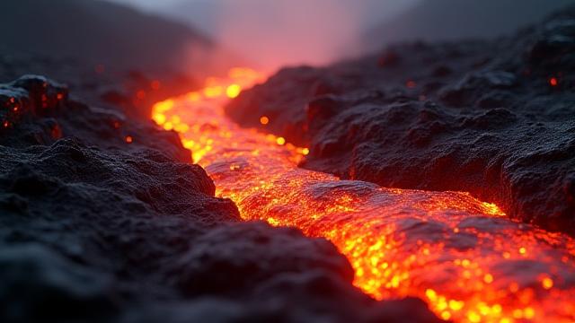 CGI Simulation eines Lavastroms über eine mineralreiche Landschaft